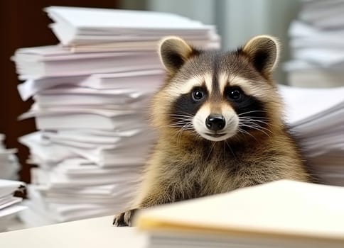 Coon in the office with documents. Generative AI. High quality illustration