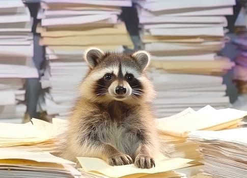 Coon in the office with documents. Generative AI. High quality illustration