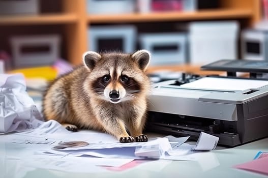 A raccoon in the office printing a photo on a printer. Generative Artificial Intelligence. High quality illustration