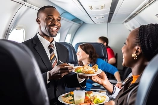 A male flight attendant, of African American descent, serves lunch to passengers on an airplane. Generative AI. High quality illustration