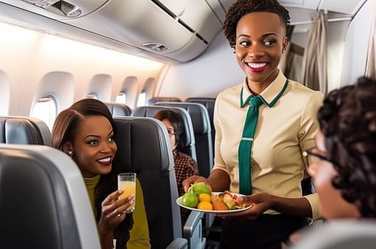 An African-American flight attendant delivers lunch to passengers on an airplane. Generative AI. High quality illustration