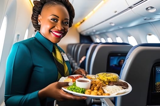 An African-American flight attendant delivers lunch to passengers on an airplane. Generative AI. High quality illustration