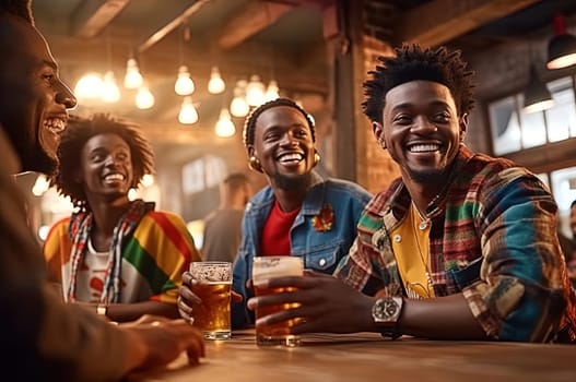 African-American friends gathered in a bar to drink beer, celebrate a meeting. Generative AI. High quality illustration