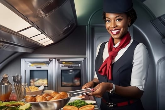 An African-American flight attendant delivers lunch to passengers on an airplane. Generative AI. High quality illustration
