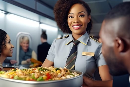 An African-American flight attendant delivers lunch to passengers on an airplane. Generative AI. High quality illustration