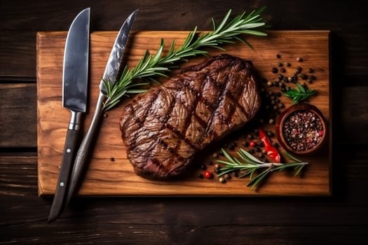 slice beef grill food tasty cooking beefsteak background red cut steak preparation raw meat herb fillet pork fried dinner dark bar-b-q. Generative AI.