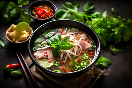 healthy eat noodle dish asian chicken pak food choi delicious bowl fresh miso soup background hot japanese vegetable meal vegetarian white japan. Generative AI.