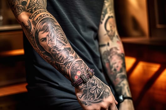 A man with tattoos on his arms. Generative AI. High quality illustration