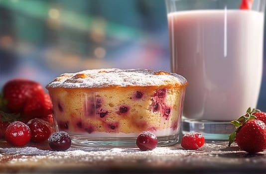 Biscuit cake with berries and powdered sugar. Generative AI. High quality illustration