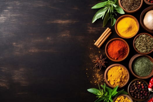 spice coriander space top cookery indian condiment black cooking food chili seed herb copy dry asian ingredient powder background paprika seasoning turmeric. Generative AI.