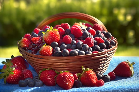 Juicy berries of strawberries, raspberries, blueberries in a basket on the lawn. Generative AI. High quality illustration
