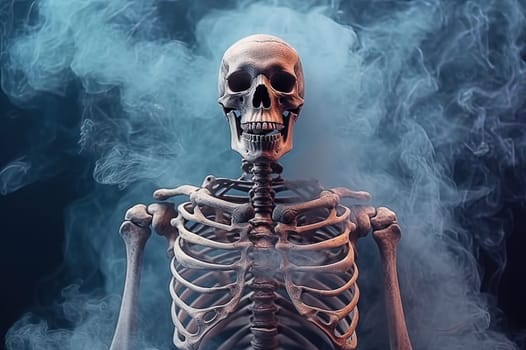 Human skeleton in smoke. The concept of smoky lungs, harm to health. Generative AI. High quality illustration