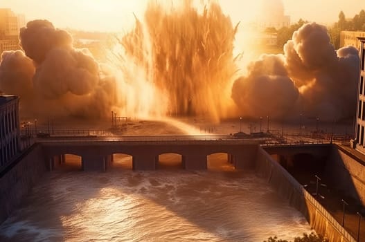 Dam explosion, flood, dam burst. Generative AI. High quality illustration