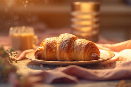 french caffeine morning background cup sweet rustic wood bokeh smoke bakery croissant hot table breakfast cafe drink bokeh background freshness closeup food. Generative AI.