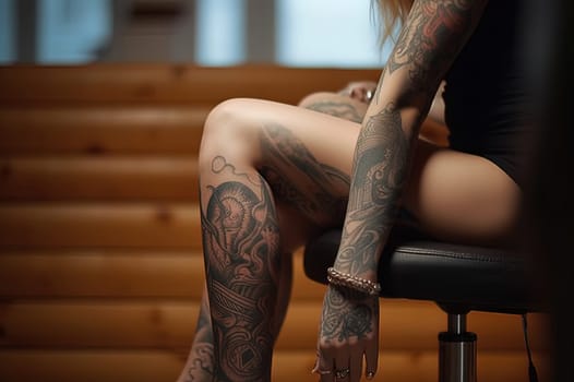 Woman with tattoos on her legs. Generative AI. High quality illustration