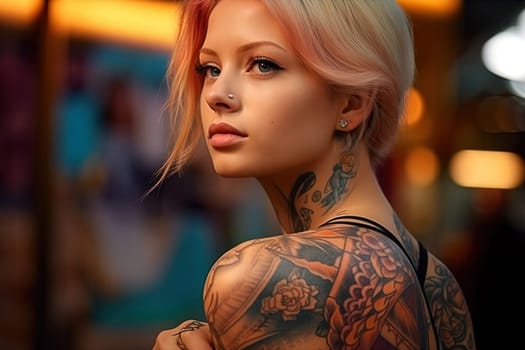 Portrait of a woman with tattoos. Generative AI. High quality illustration