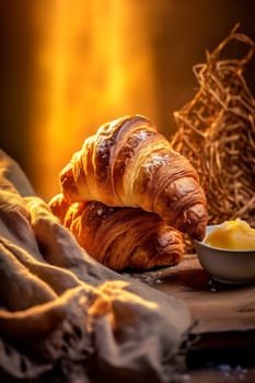 breakfast bokeh morning cappuccino bakery drink croissant food meal dessert fresh gold bread space background brown bokeh cup table sweet hot background. Generative AI.