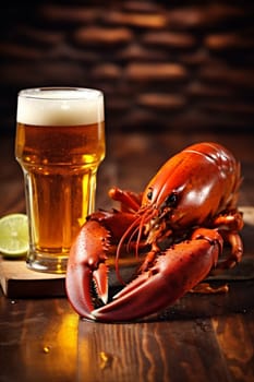 party shell shellfish boiled tasty freshness bar red food crayfish wooden seafood snack cooked prepared dark crawfish background crab glass beer. Generative AI.