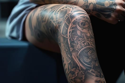 Male legs with tattoos close up. Generative AI. High quality illustration