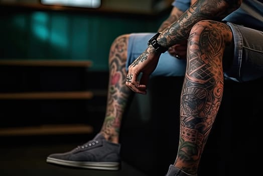 Male legs with tattoos close up. Generative AI. High quality illustration