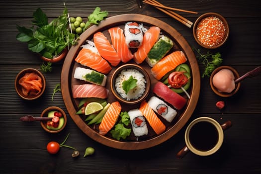 shrimp japanese healthy tuna sushi fish oriental seafood dinner asian rice roll ginger traditional set fresh maki meal table food. Generative AI.