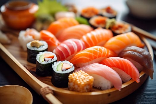 seafood roll meal dinner food diet wooden health sushi delicious background japanese tasty seaweed healthy set rice fish raw japan. Generative AI.