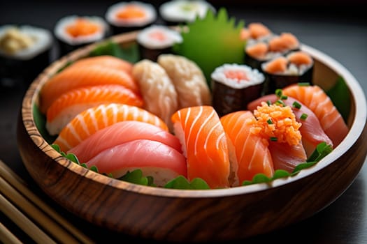 raw tasty japanese food background fresh rice diet seafood japan meal gourmet set roll wood wooden black dish fish sushi. Generative AI.