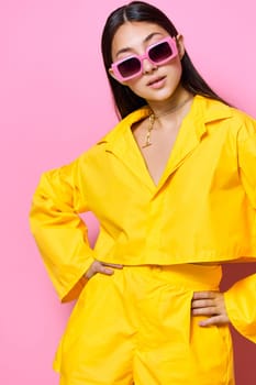 sunglasses woman pink happy beautiful girl lifestyle attractive person fashion modern isolated young female yellow brunette expression portrait trendy cheerful fun