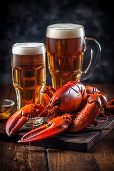mug seafood alcohol crustacean rustic fresh crab snack food prepared red closeup glass background lunch beer party shellfish crawfish crayfish glass beer. Generative AI.