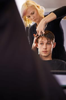 Hair care, hairdresser or mirror reflection of man for hairstyle, grooming or cleaning in beauty salon. Hairdressing, service woman or studio people, customer or person for healthy haircare treatment.