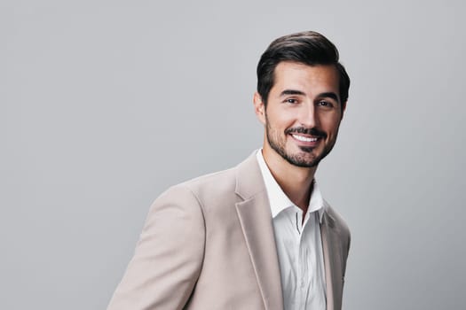 man beard occupation beige eyeglass folded young copyspace job executive smiling portrait stylish suit businessman handsome business office happy isolated successful