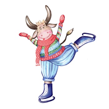 Bull on figure skates, isolated on a white background. Bull is engaged in figure skating. Hand-drawn watercolor illustration