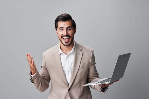 using man freelancer network digital isolated technology entrepreneur smiling computer job business corporate suit working laptop copyspace background online adult internet