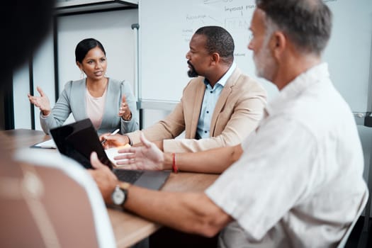 Business people, meeting and planning in corporate strategy, collaboration or sharing ideas at office. Group of employees in team brainstorming, discussion or startup pitch for project at conference.