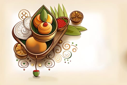 Happy ugadi greeting card background with kalash. Happy Ugadi holiday composition - Hindu New Year festival. Decorated Kalash with coconut, flowers, mango leaves and diya.