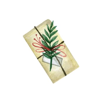 Hand drawn Christmas box wrapped in paper and decorated with branches and ribbons. Watercolor illustration