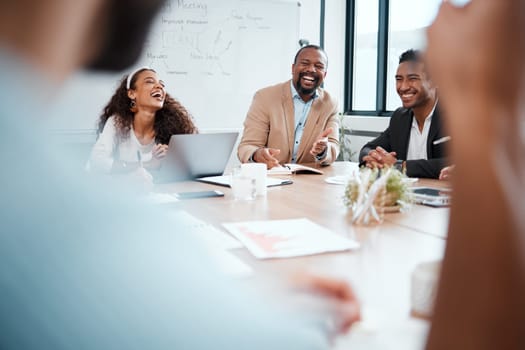 Happy, business people and laughing in meeting for startup joke, communication or comedy at the office. Group of employees smile and laugh for fun discussion, meme or friendly humor at the workplace.