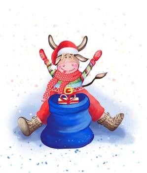 A bull with a bag. Bull Santa claus. Symbol of 2021. Design for postcards, prints, stickers. Hand-drawn watercolor illustration