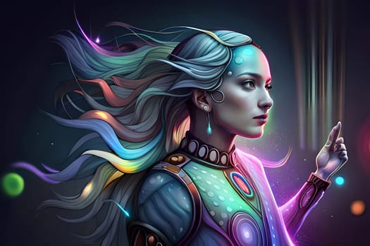 A woman with a robot face and a face painted in silver. Science Fiction Beautiful Humanoid Cyborg Woman . Female Bionic RobotbSci-Fi Video Game Character Digital Artwork