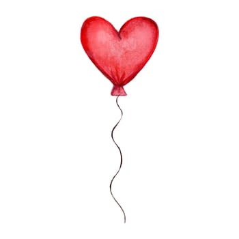 Red balloon in the shape of a heart on a white background. Hand-drawn watercolor illustration