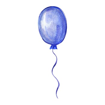 Blue balloon on a white background. Hand-drawn watercolor illustration.