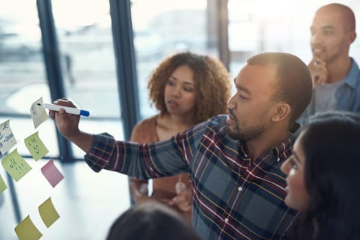 Where success starts. High angle shot of a group of coworkers brainstorming on a glass wall