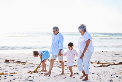 Beach, grandparents or happy children holding hands, walking or smiling as a family in nature. Grandmother, senior grandfather or young kids siblings bonding or taking walk together at sea.