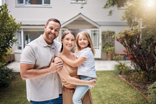 Portrait, happy family and kid outdoor at new house, real estate and building mortgage in residential neighborhood. Mother, father and child smile outside for property investment, moving or homeowner.