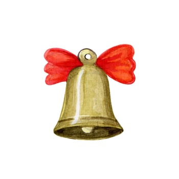 Bell with a red bow on a white background. Hand-drawn watercolor illustration.