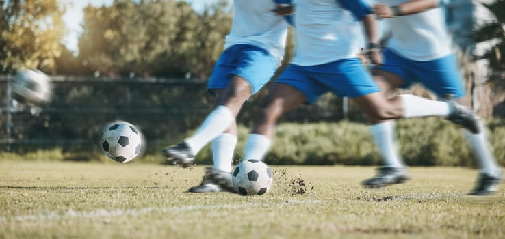 Soccer ball, sports person and feet kick on a field for fitness training or game motion outdoor. Football player, club and legs of athlete men or collage for competition, exercise or sport challenge.