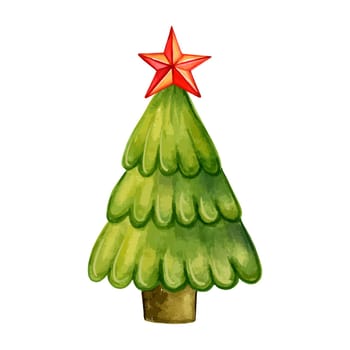 Christmas tree with star on a white background. Hand drawn watercolor illustration