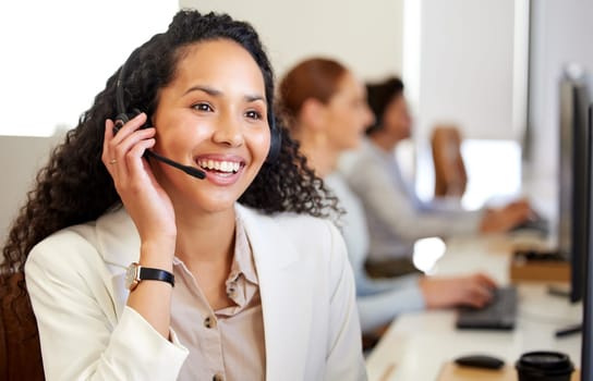 Call center, agent and woman with telemarketing, smile and friendly with tech support, professional and advice. Staff, female person or happy employee with headphones, customer service and consulting.