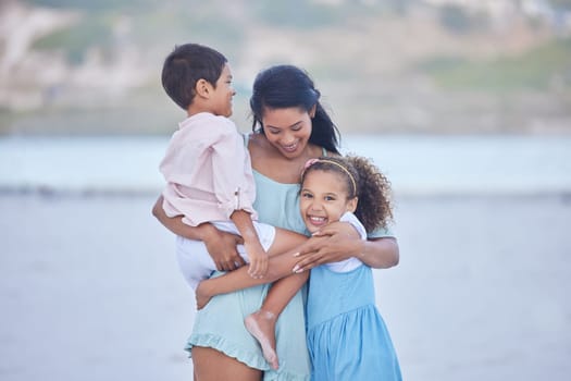 Love, beach or mother hugging happy kids on fun holiday vacation together with happiness in summer. Smile, children siblings or mom with girl or boy on family time with at sea in Mexico or nature.