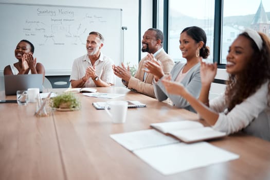 Happy, business people and applause of audience in meeting for presentation or team seminar at office. Group of employees clapping in conference for teamwork, support or motivation at the workplace.